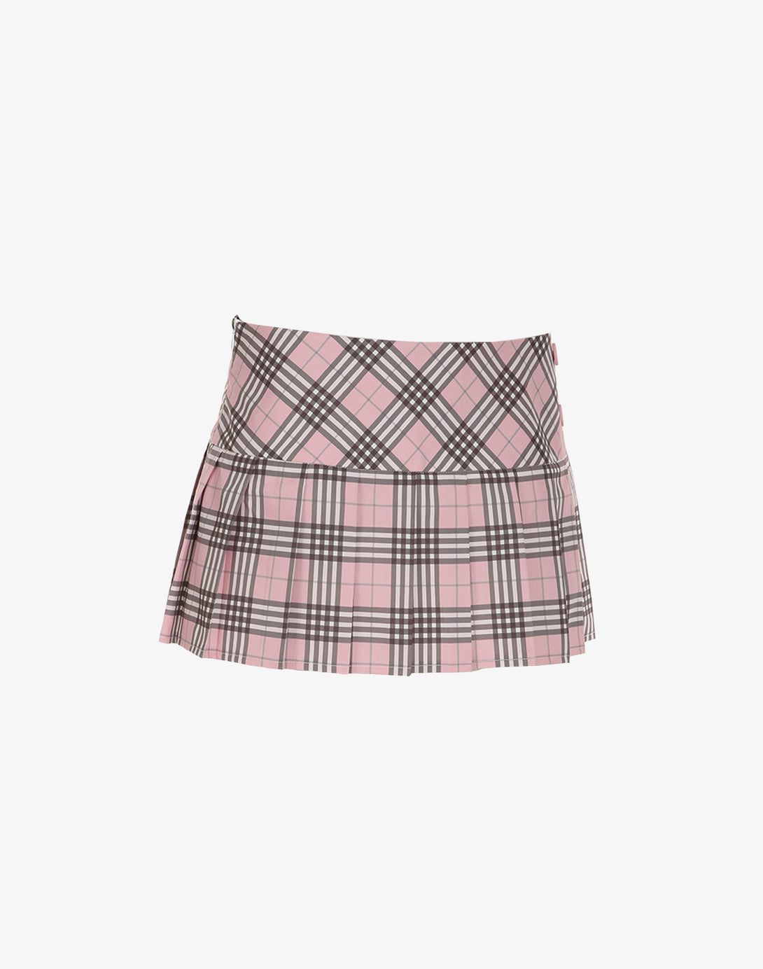Back view of a A-line silhouette of the 2000s-style pink plaid skirt, a staple of feminine fashion and the coquette aesthetic.