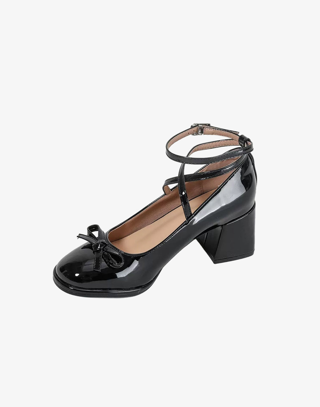 black glossy ballet-inspired kitten heel with bow detail and criss-cross ankle ties