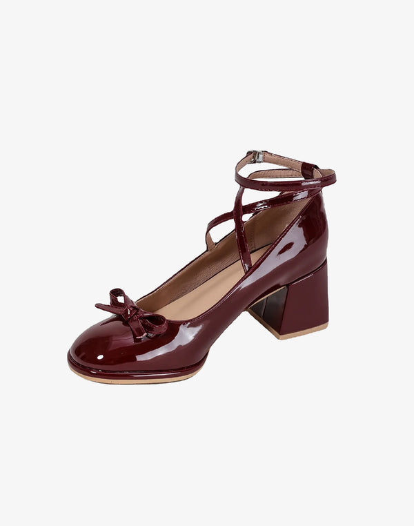 burgundy patent coquette heel with bow and wrap ankle straps in dollette style