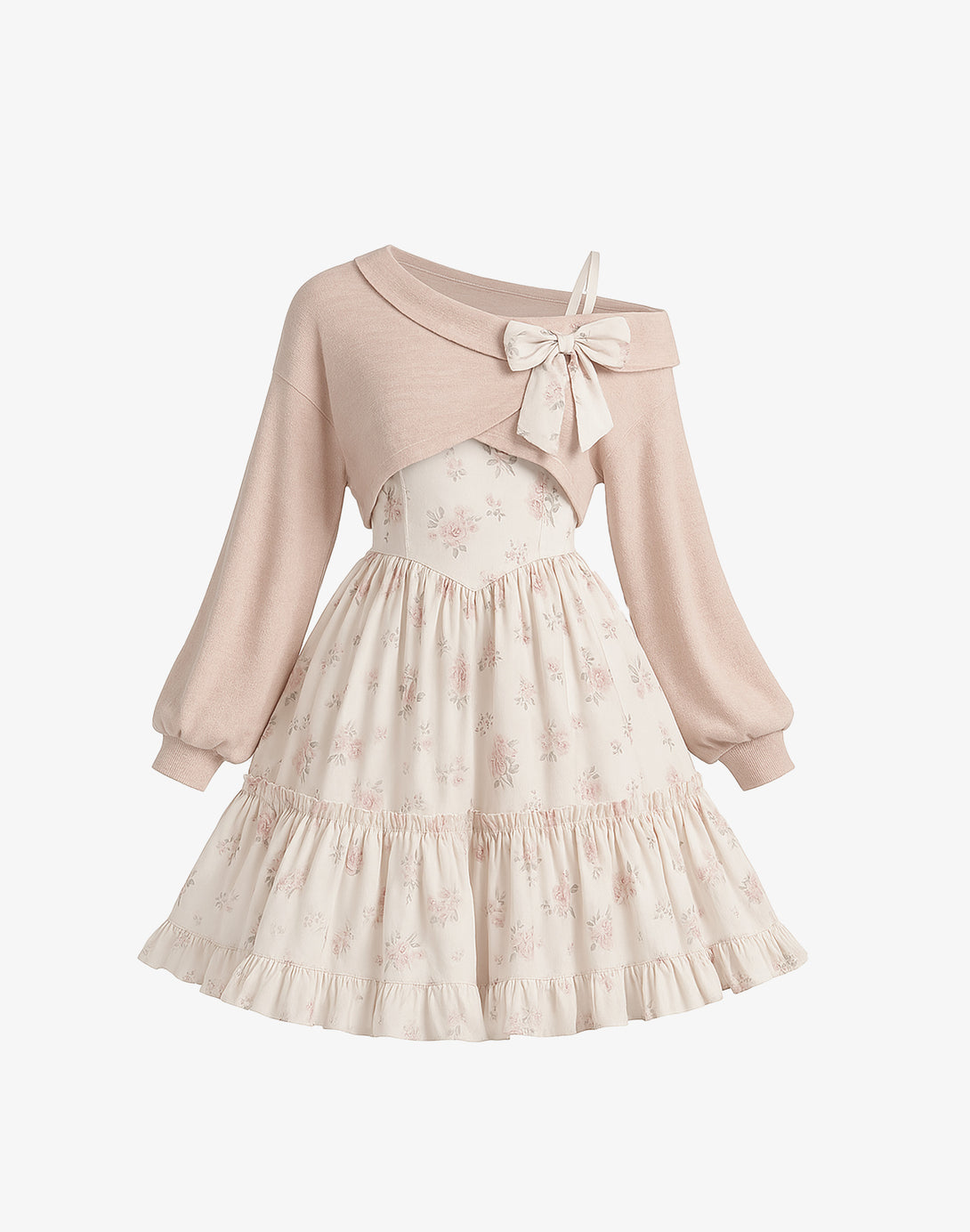 Pastel floral ruffle dress with off-shoulder design and bow accent, perfect for dollette style and feminine fashion.