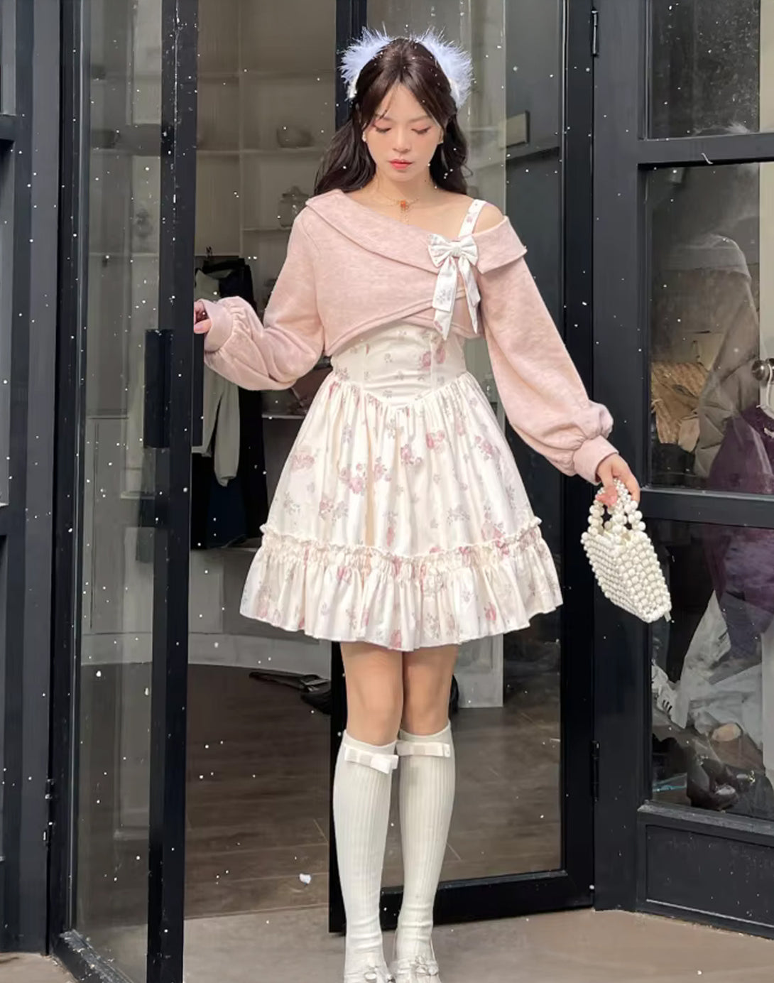 Pretty princess dress with pink shrug, floral ruffle hem skirt, and knee-high socks in coquette aesthetic fashion, perfect for feminine and hyper feminine styles.