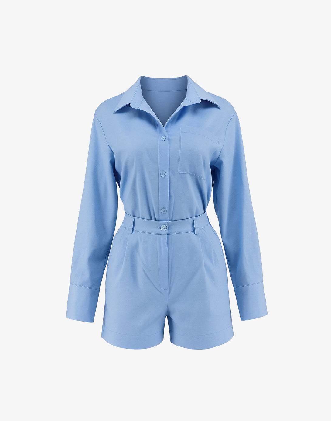 Flat lay of blue long sleeve collared romper with cinched waist and tailored fit, styled for feminine elegant workwear