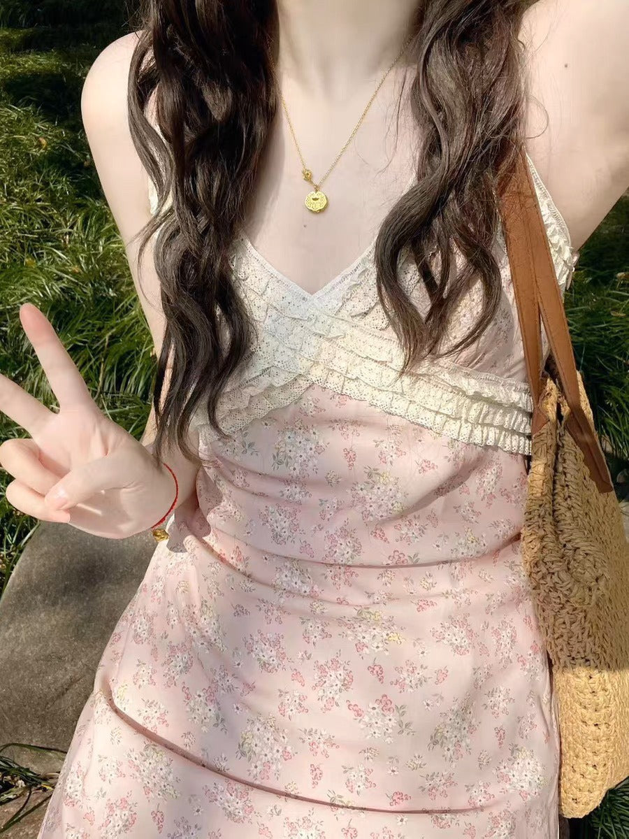 close-up of coquette aesthetic dress with lace neckline worn outdoors in sunlight