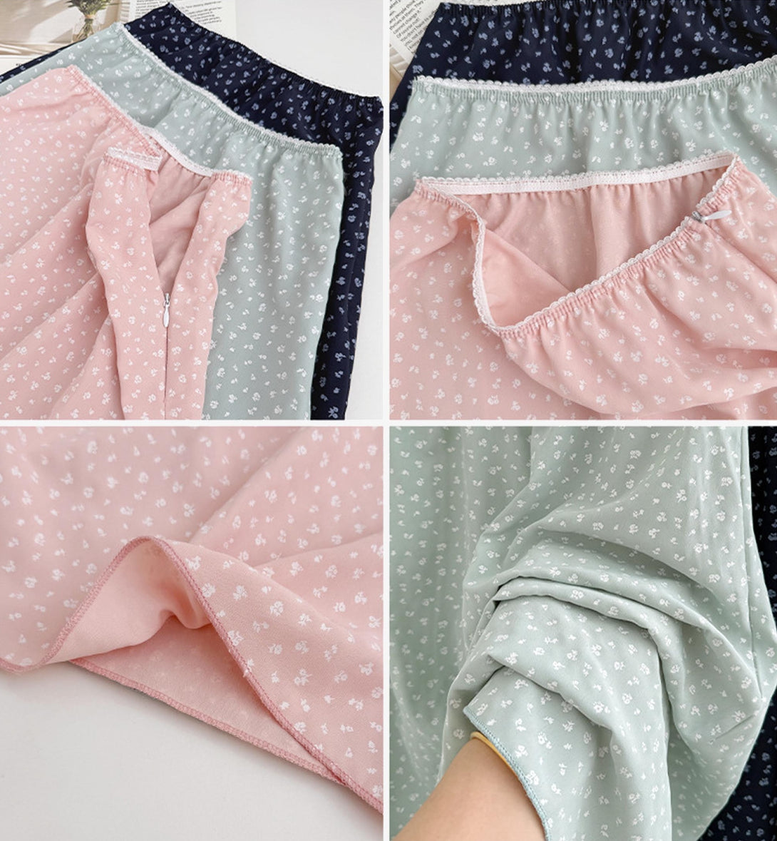 pink, green, and navy floral skirts with elastic waists and full lining