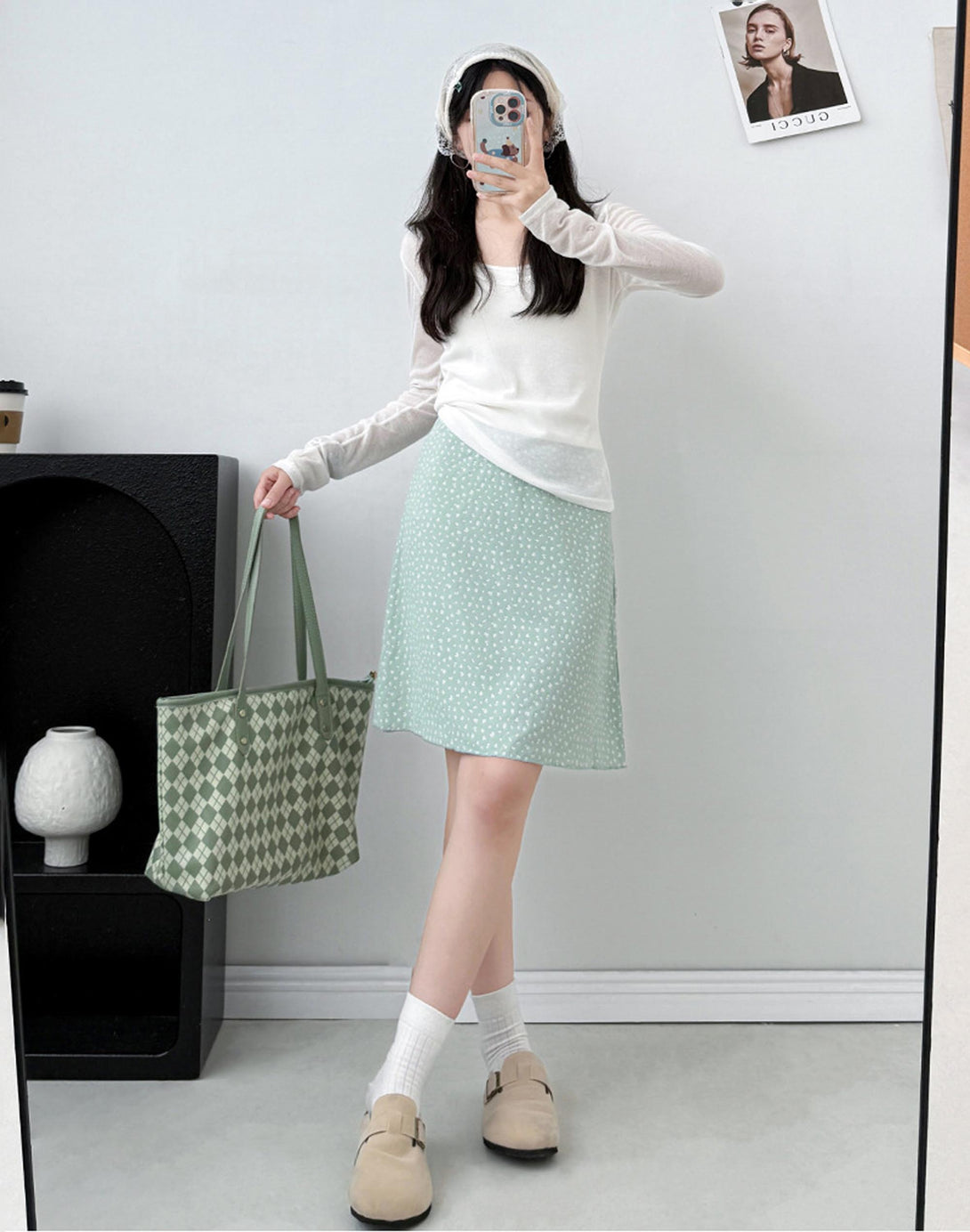 soft girl outfit with mint green floral skirt and headscarf
