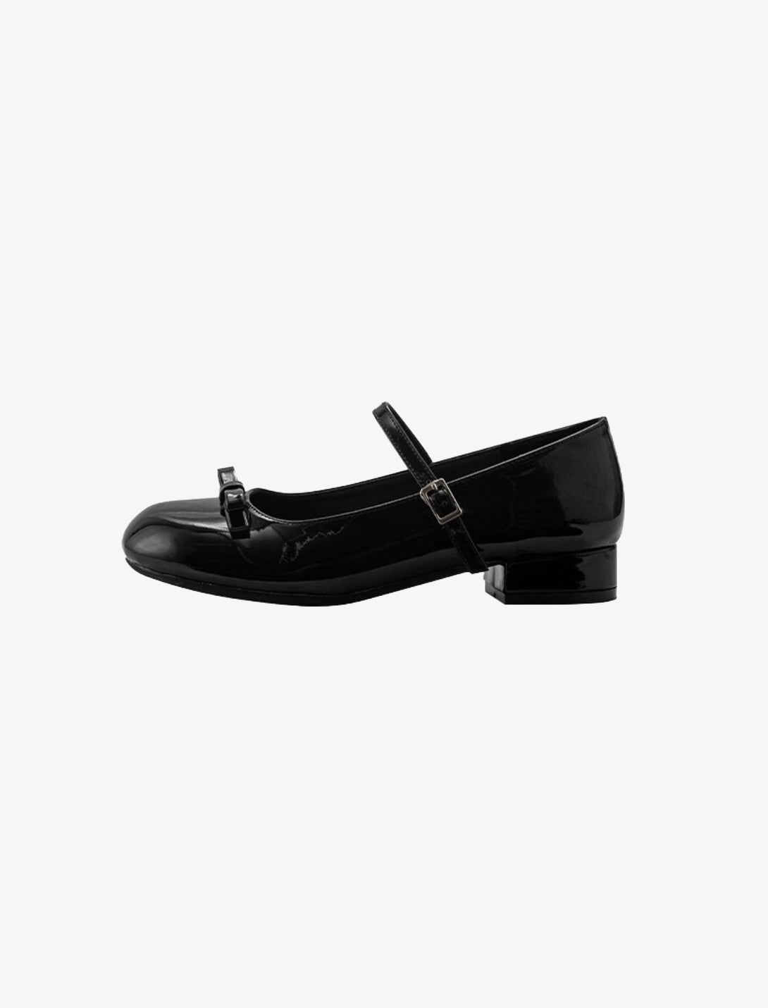 black patent strap mary jane with bow detail and low kitten heel side view