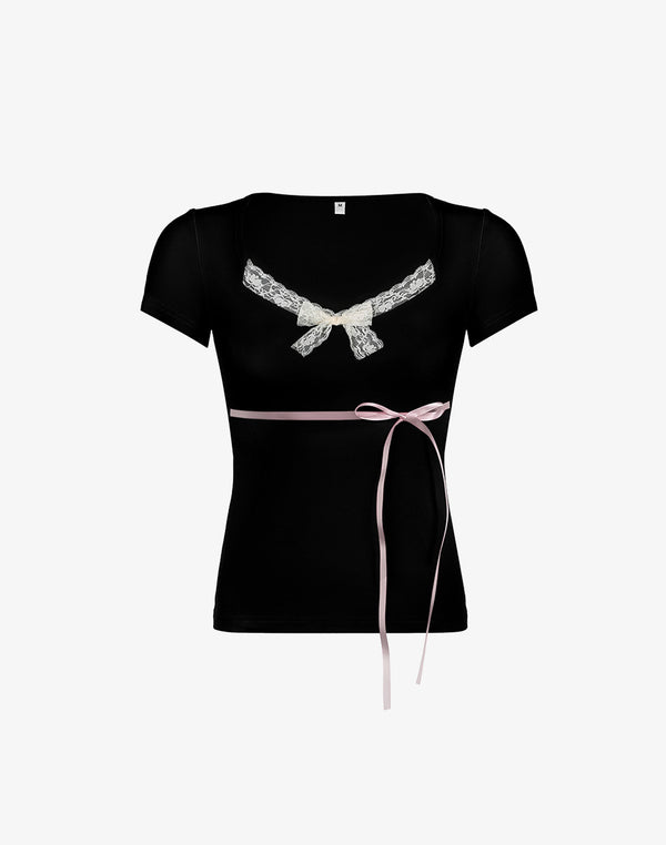 Dollette Lace Trim Ribbon Top for Feminine Fashion Short Sleeve