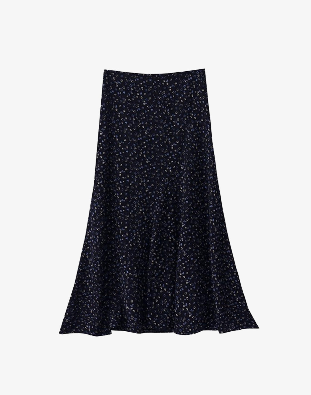 navy bias-cut floral midi skirt with fishtail silhouette and micro-flower print