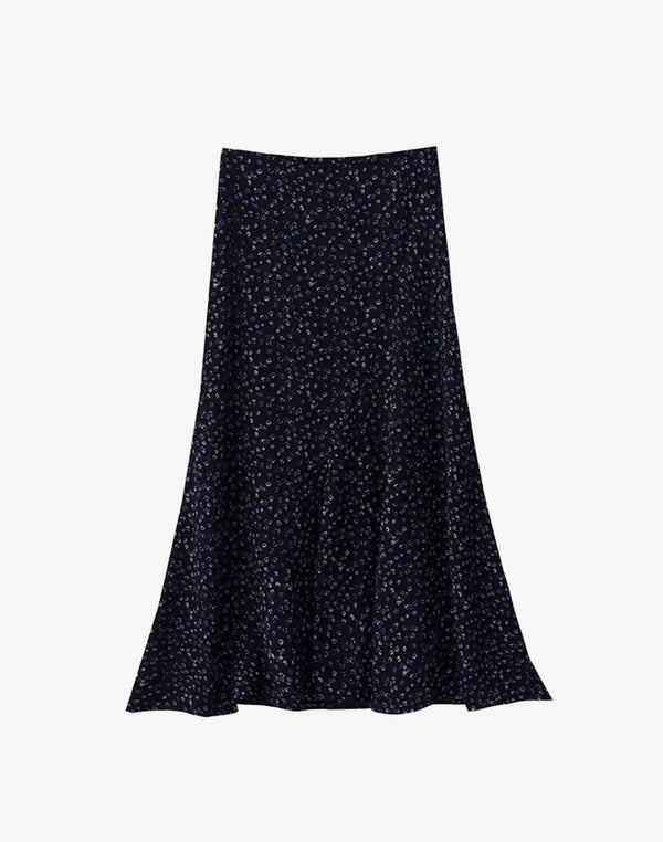 navy bias-cut floral midi skirt with fishtail silhouette and micro-flower print