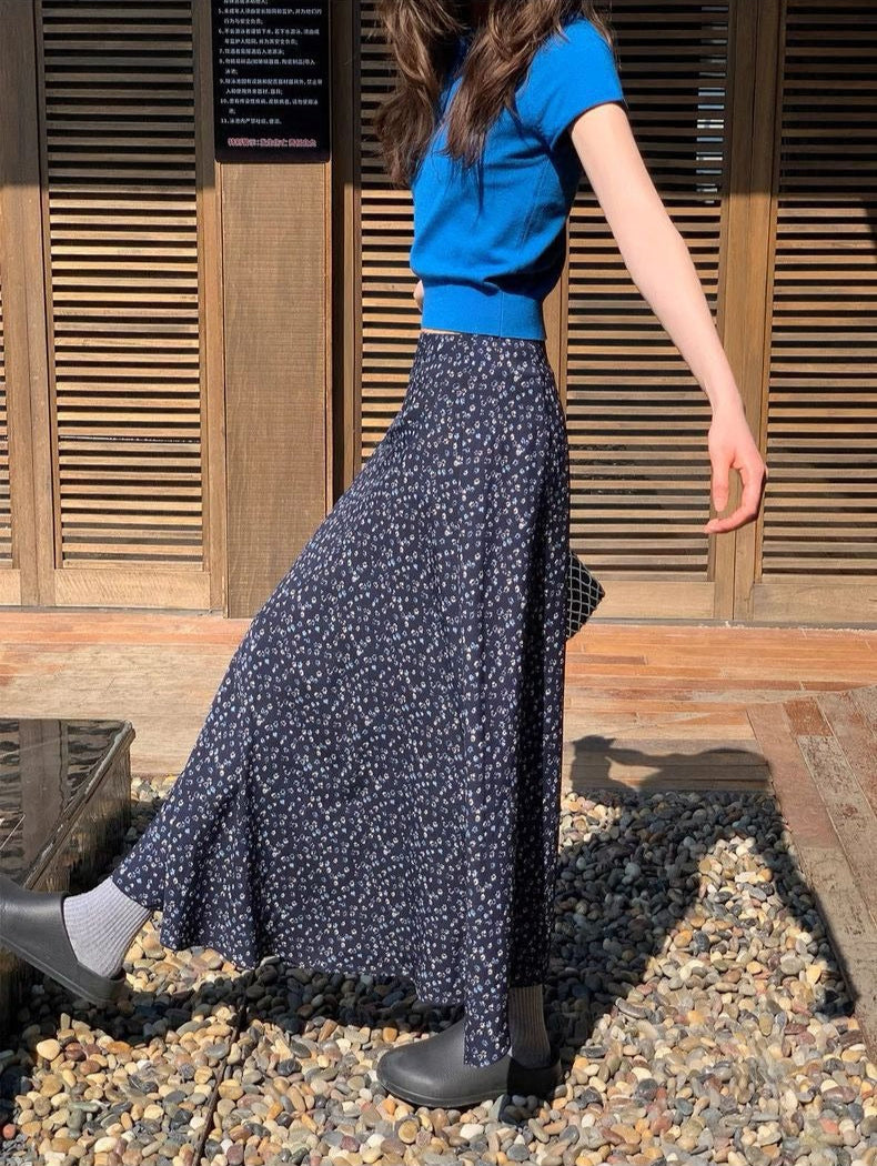 bias-cut navy floral skirt with side zip and flare hem styled for soft girl fashion