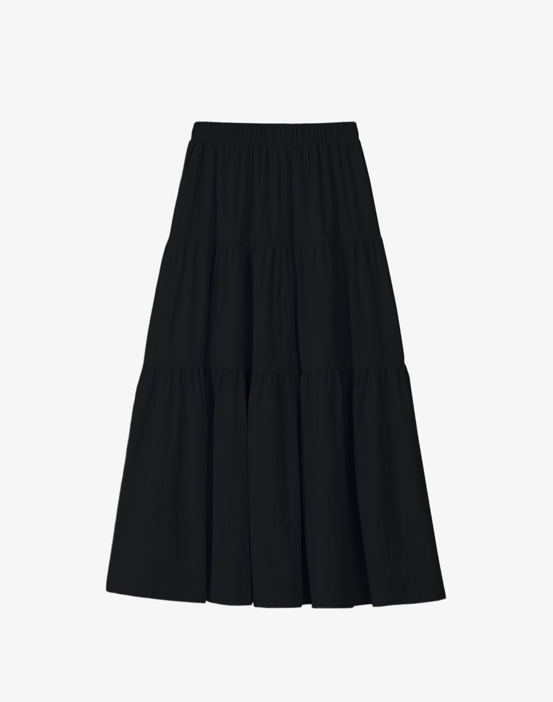 The classic black version of the flared maxi skirt, shown in a studio flat lay.