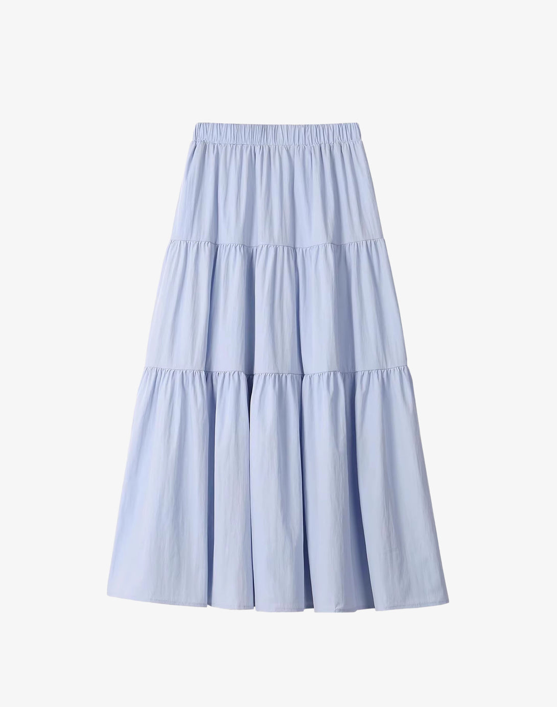Studio flat lay of the tiered maxi skirt in a soft, light blue color