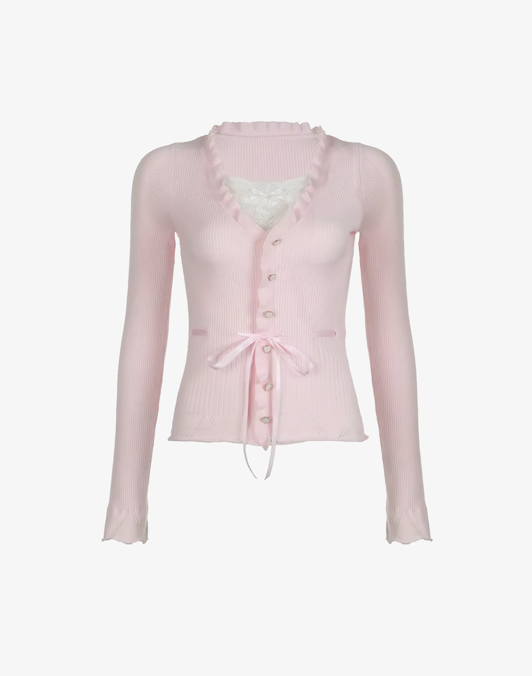Front view of the Lace Bow Ruffle Knit Cardigan Pink Top with V-neckline, lace trim, waist tie, and dollette style design.