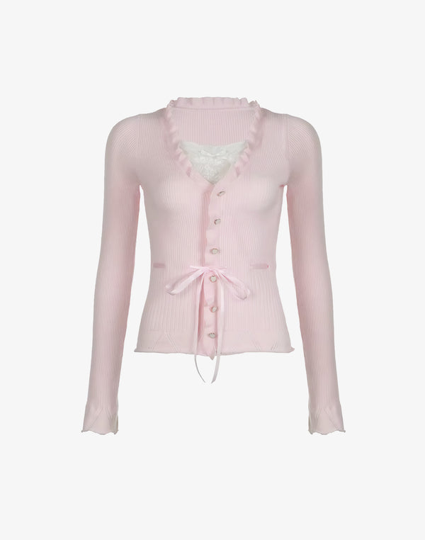 Front view of the Lace Bow Ruffle Knit Cardigan Pink Top with V-neckline, lace trim, waist tie, and dollette style design.
