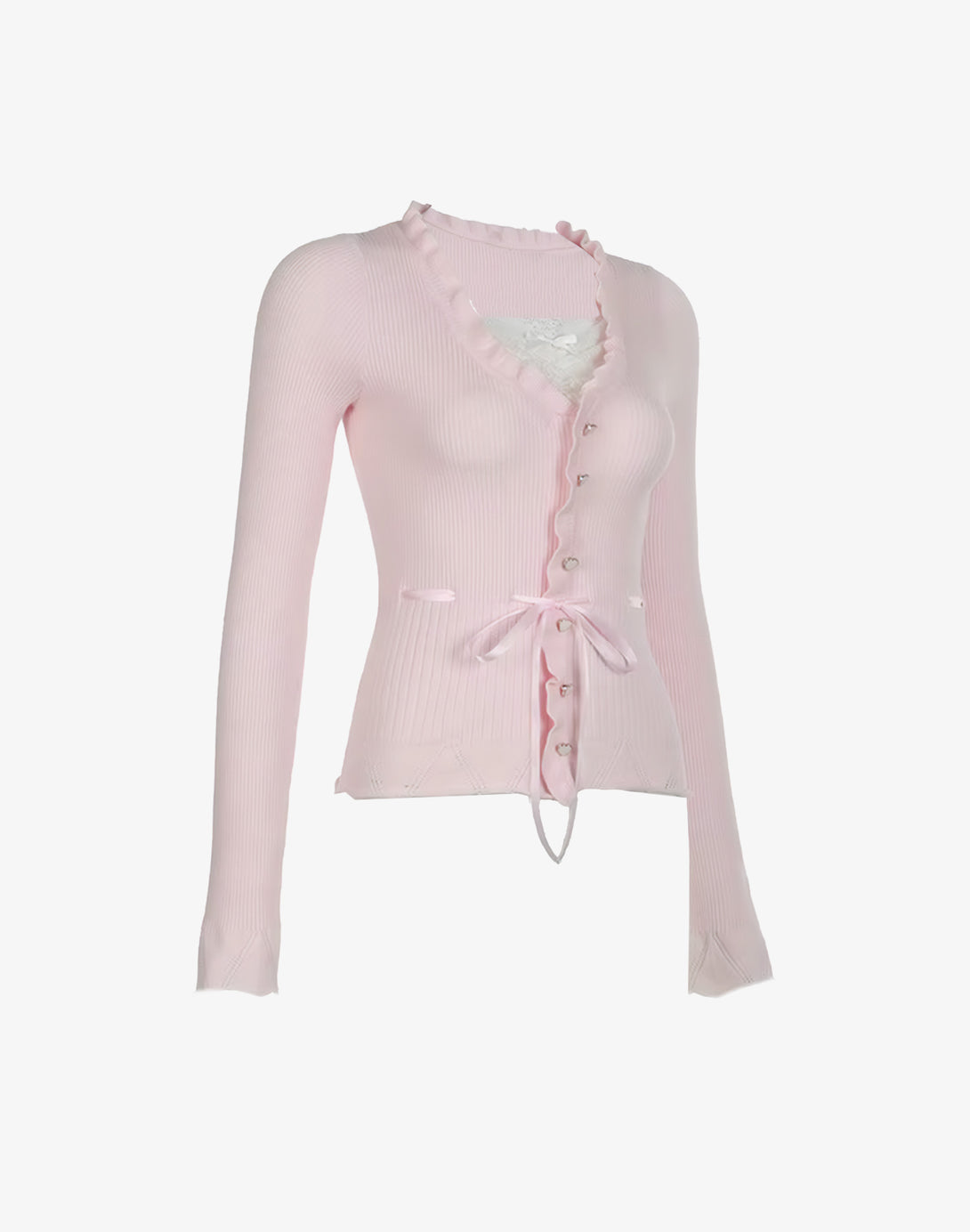 Close-up of the Lace Bow Ruffle Knit Cardigan Pink showing the button-down design, lace trim, and waist tie for a charming, feminine blouse look.