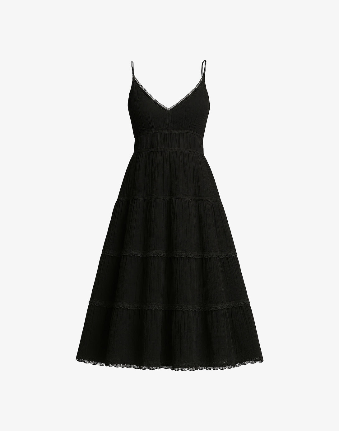 Elegant black tiered ruffle dress with spaghetti straps, ideal for a dollette style and feminine fashion, perfect for various occasions.