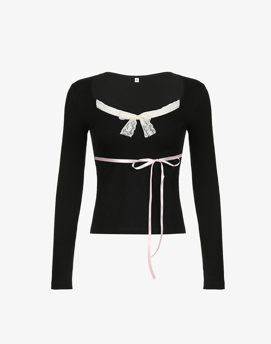 A black long sleeve dollette top featuring a cream lace bow and a pink ribbon waist tie.