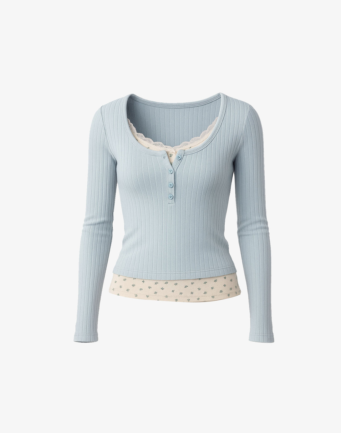 flat lay of pastel blue ribbed henley top with layered floral cami and lace detailing