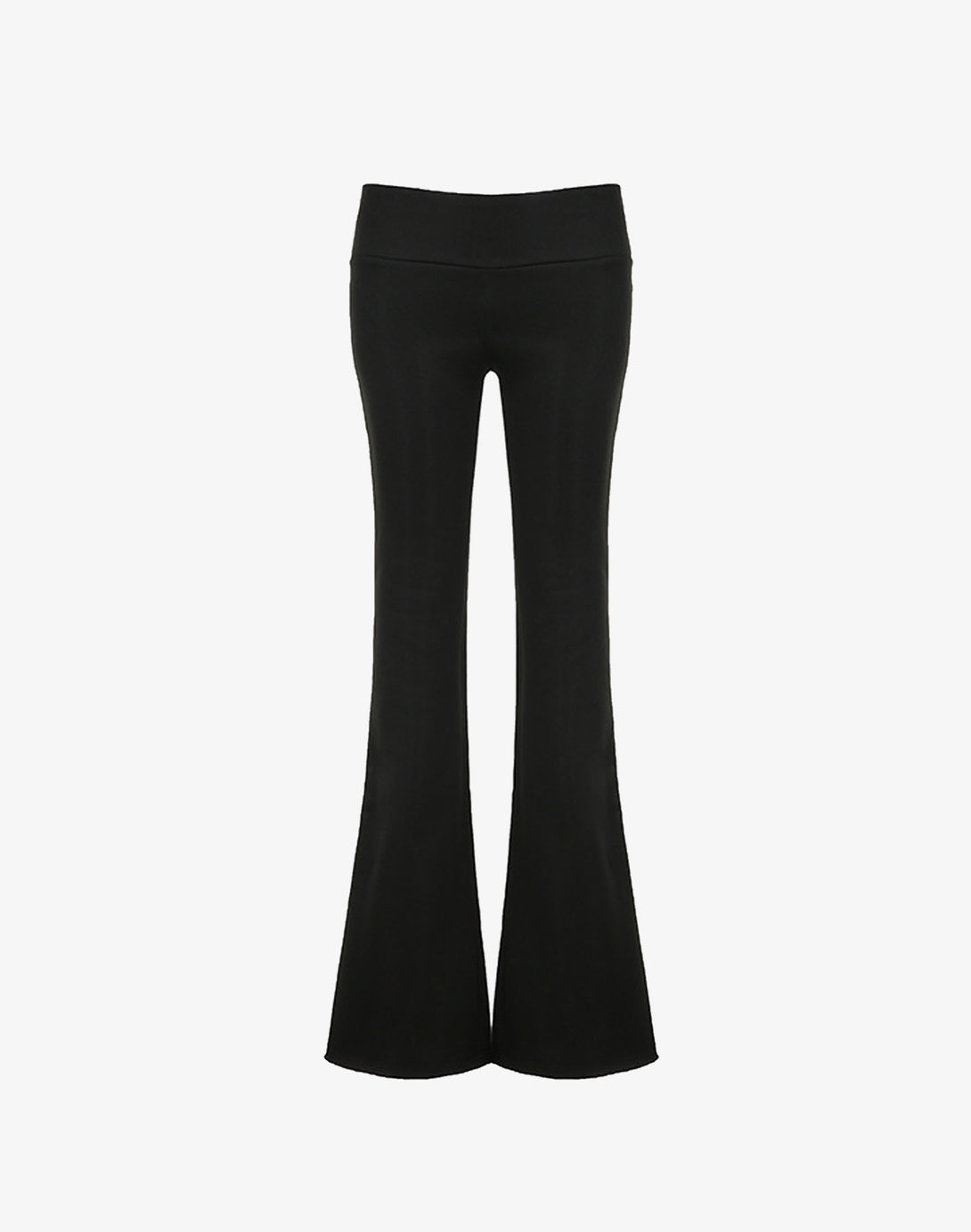 Studio shot of the black flare sweatpants with a wide waistband and flared leg silhouette.