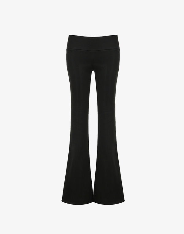Studio shot of the black flare sweatpants with a wide waistband and flared leg silhouette.