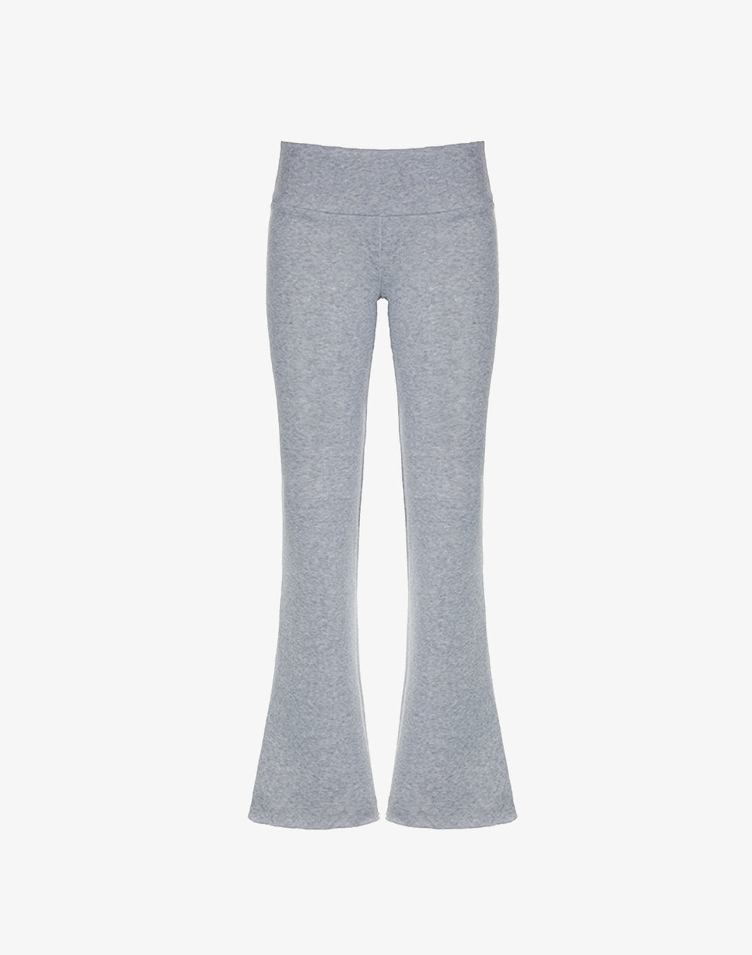 A flat lay of the heather grey wide leg sweatpants, showing the full length and flare.