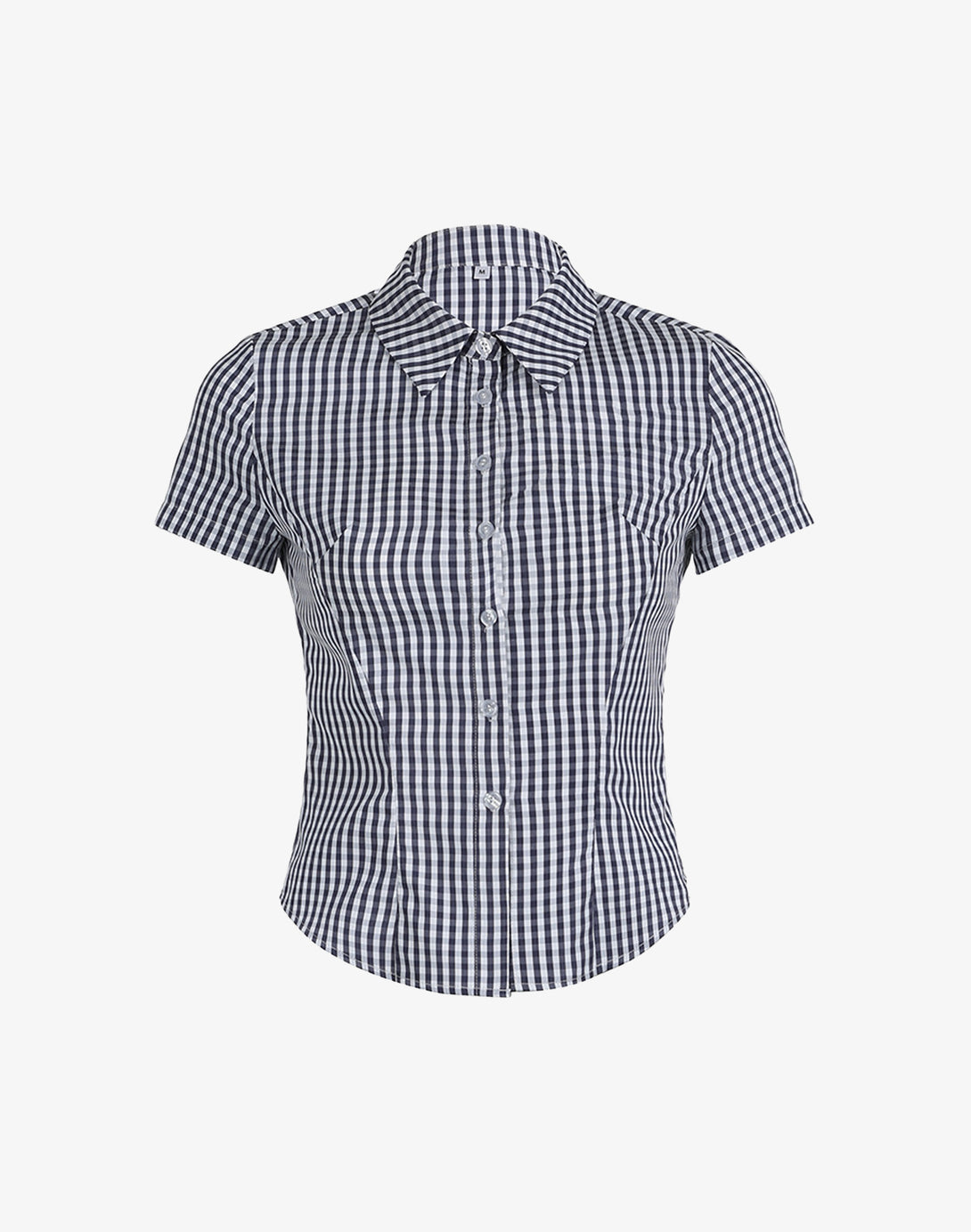 A ladies fitted button-down shirt in a classic navy blue gingham pattern, shown in a studio flat lay.