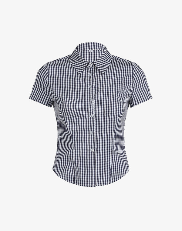 A ladies fitted button-down shirt in a classic navy blue gingham pattern, shown in a studio flat lay.