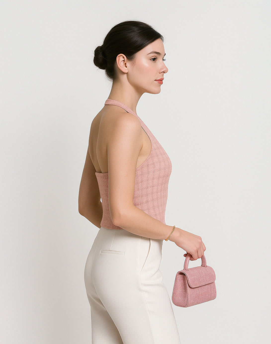 woman styling the formal feminine clothes wearing tweed vest