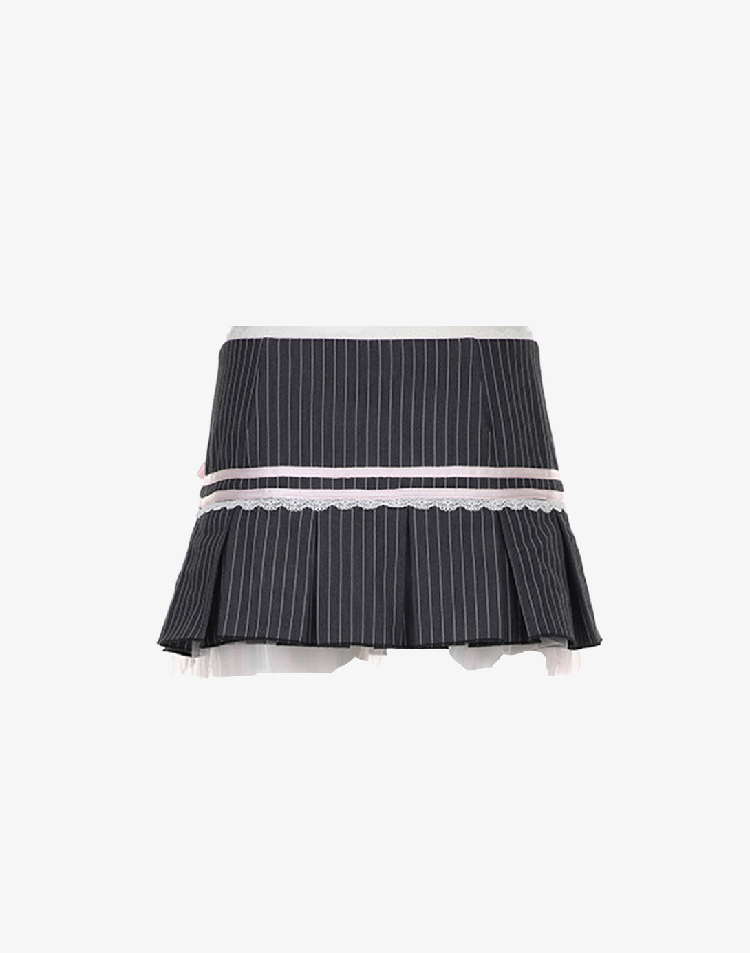 Back view of the Y2K pleated skirt, highlighting the continuous pleats and preppy pinstripe pattern.