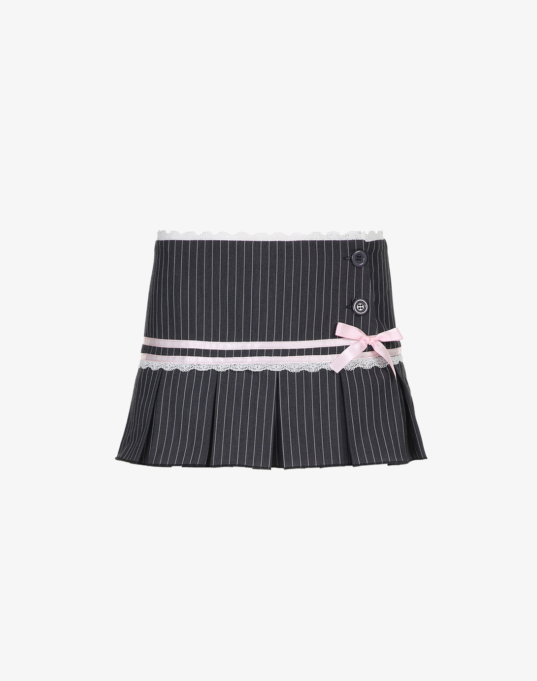 A preppy pinstripe pleated skirt with a pink ribbon accent, a classic piece of Y2K campus style fashion.