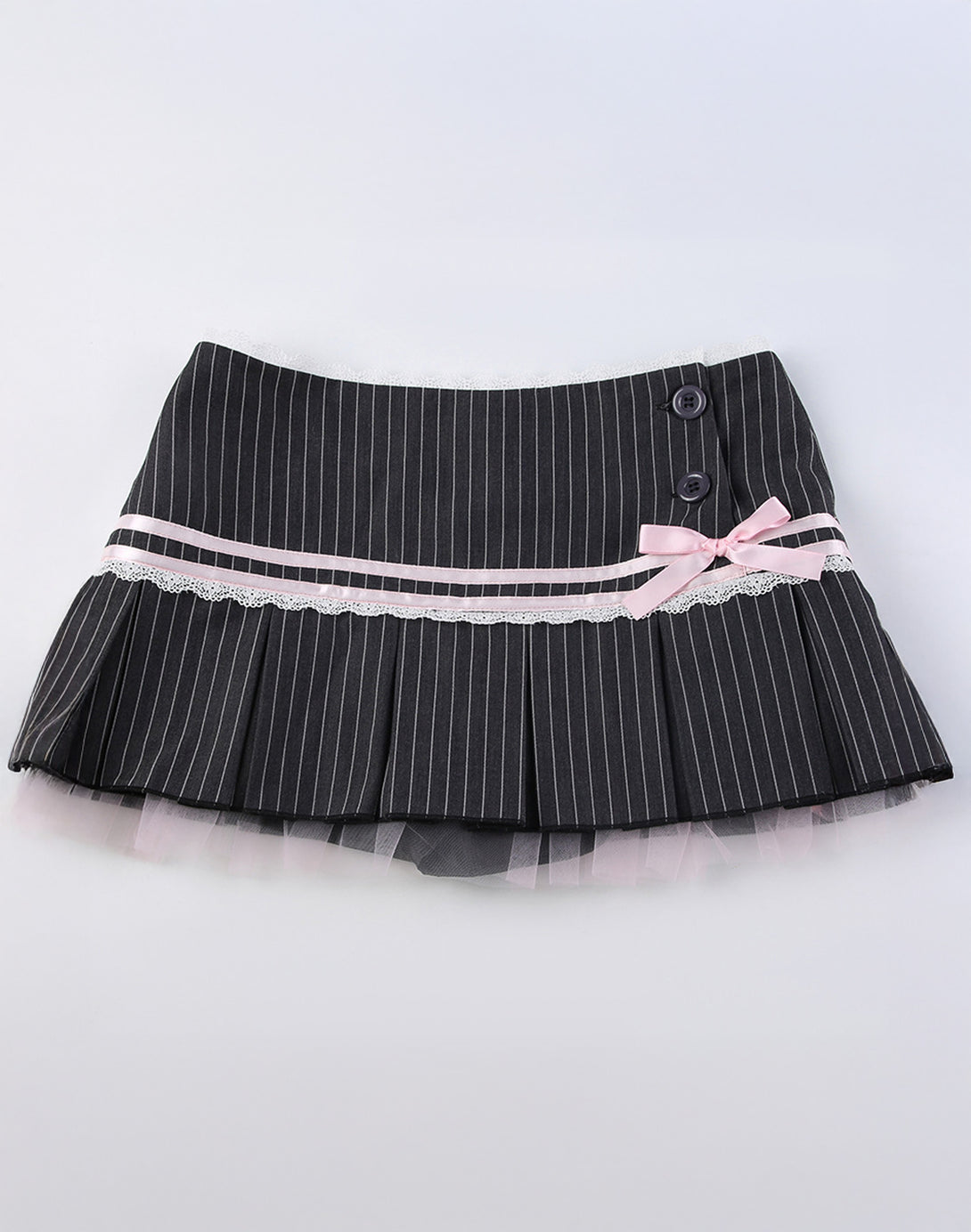 Angled view of the pinstripe skirt, showcasing its flattering A-line silhouette, a staple of soft girl and feminine fashion.