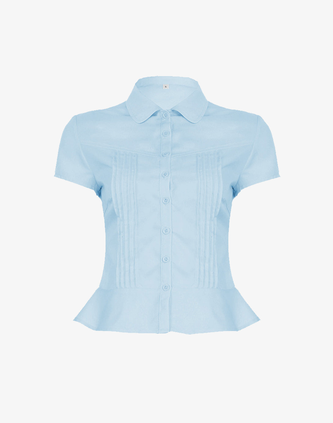 Full studio shot of the Plain Ruffled Hem Blouse in a soft blue color.