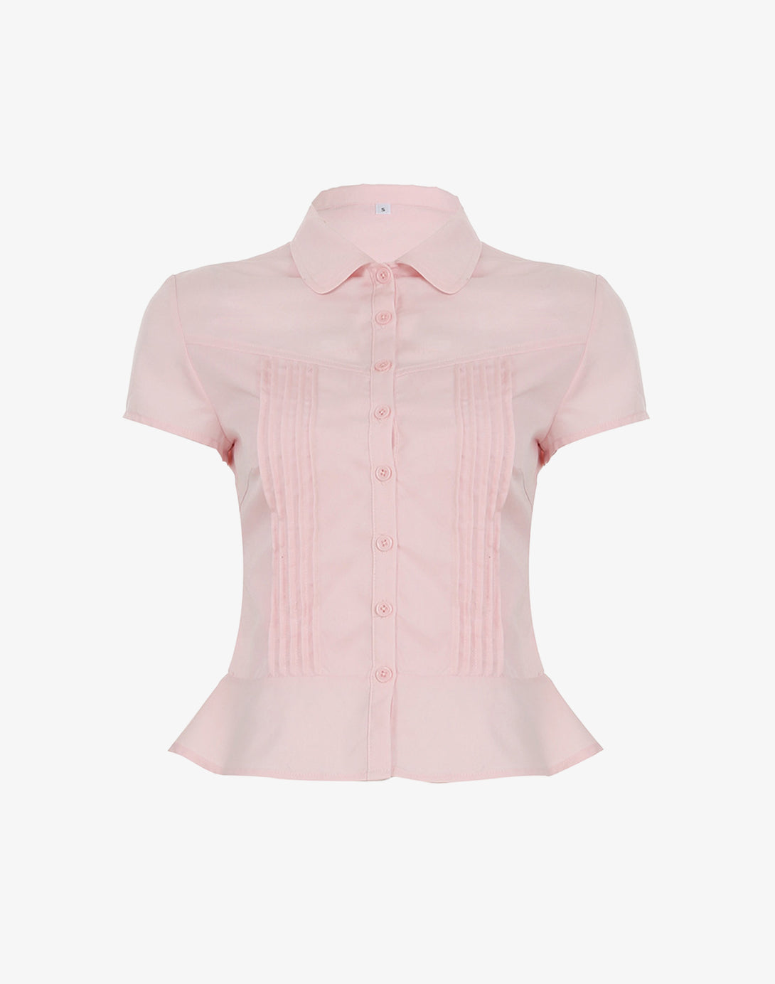 Studio shot of the Plain Ruffled Hem Blouse in pink, showing its ladies fitted cut and pintuck details.