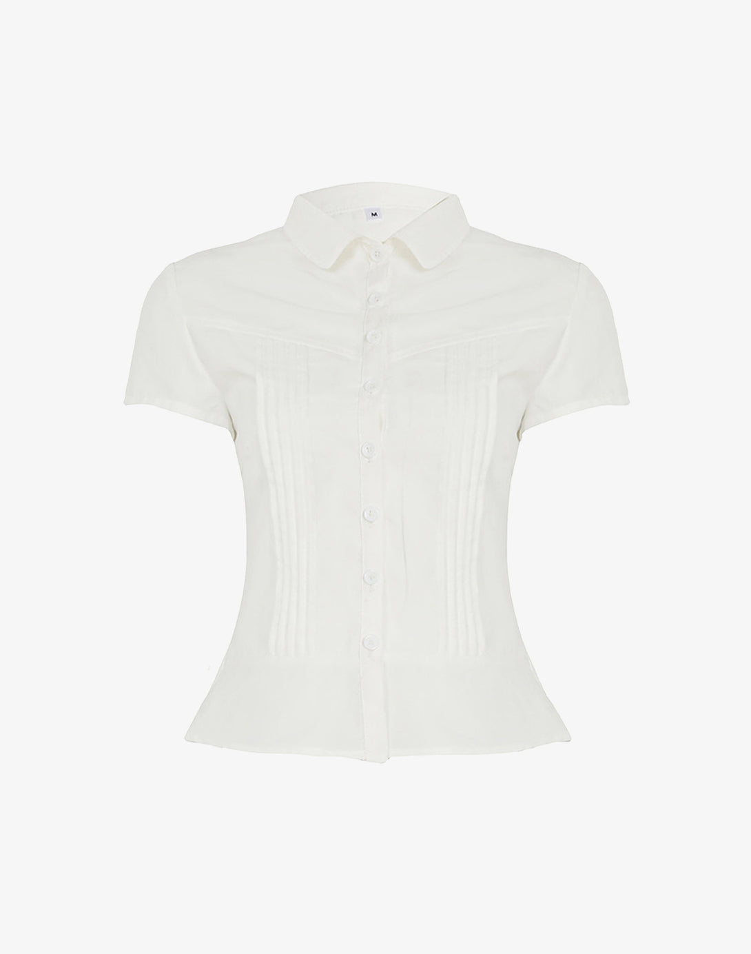 Full studio shot of the classic white version of the Plain Ruffled Hem Blouse.