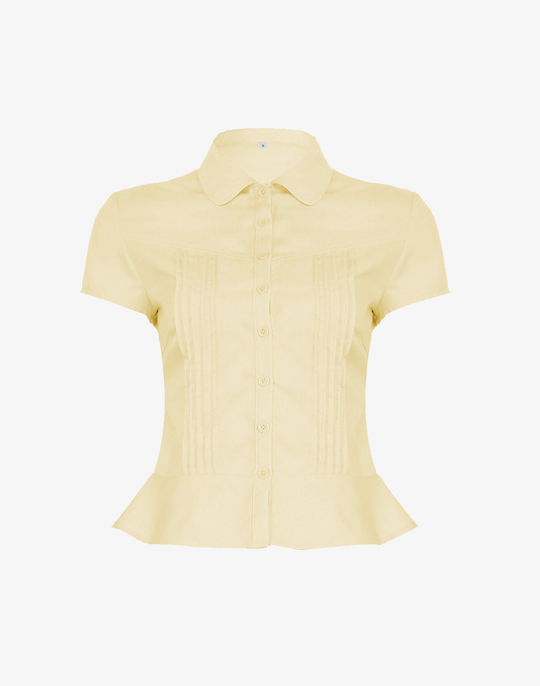 Full studio shot of the ladies fitted pintuck blouse in a pastel yellow.