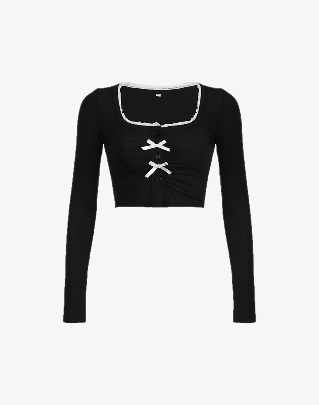 Black Ruched Bow Button Front Crop Top with a cute bow detail, perfect for hyper feminine and dollette style fashion.