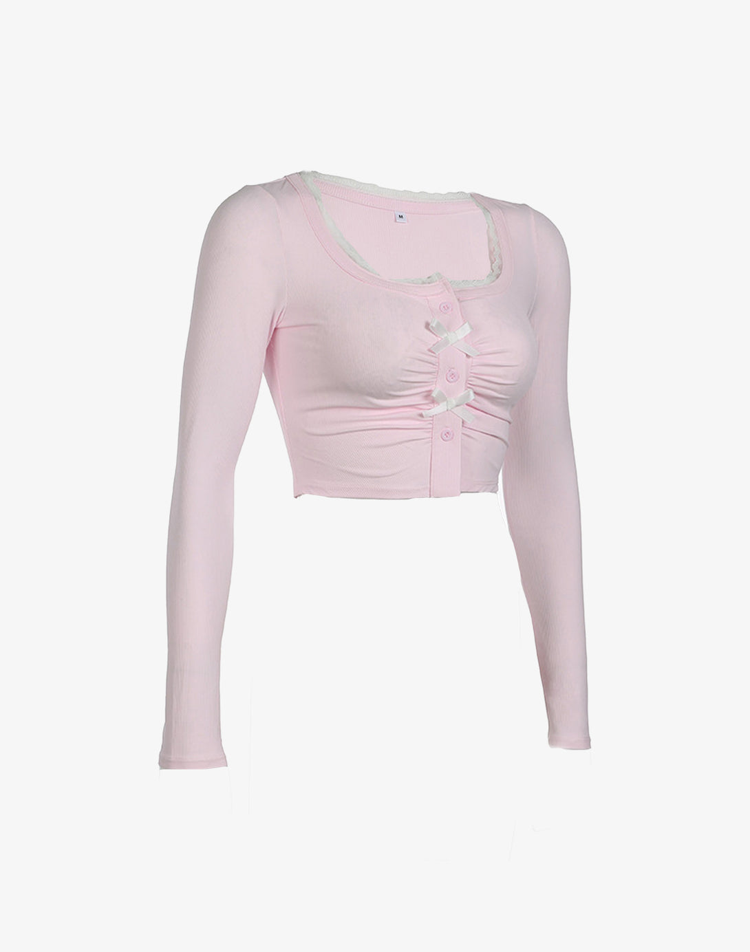 Model showcasing the pink ruched bow button front crop top, styled for a cute South Korean fashion look with a sweet feminine touch.