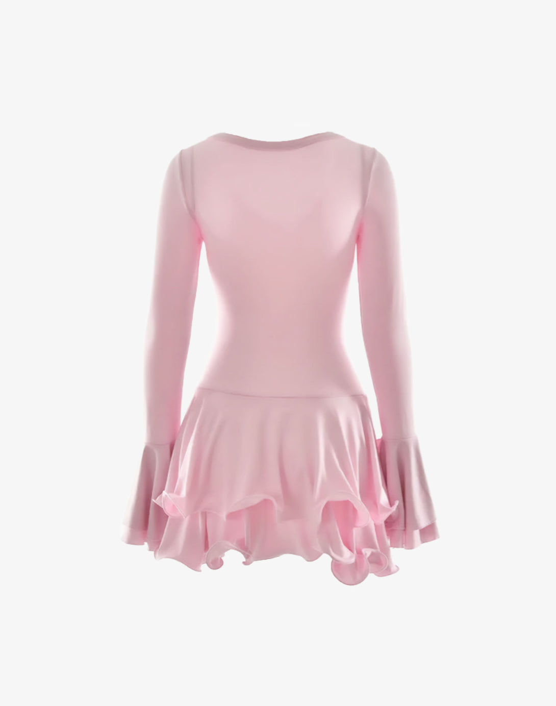 Back view of a pink mini bodycon ruffle dress featuring a smooth fit with ruffled detailing at the hem, perfect for a dollette style look.