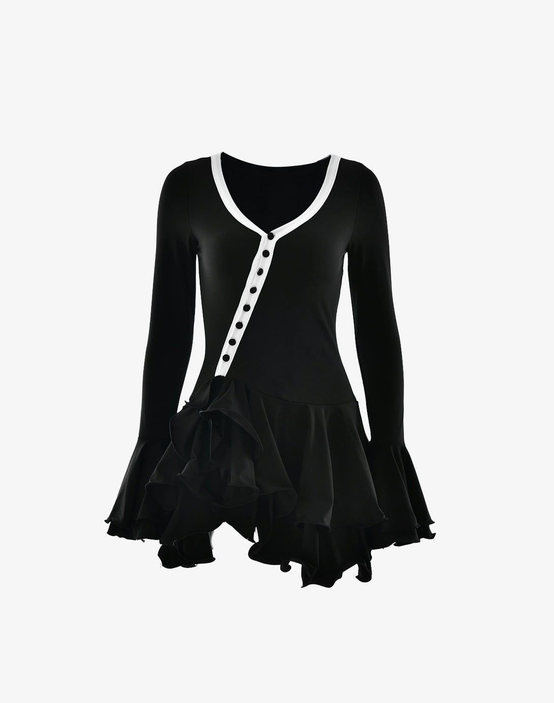 Chic black mini bodycon ruffle dress with long sleeves, ruffle hem, and button details for a feminine, stylish look.