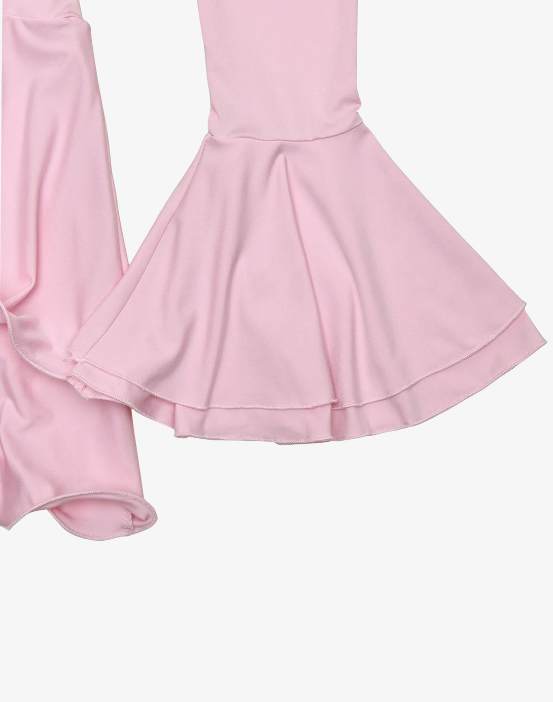 Close-up of the bell sleeve detail on a pink mini bodycon ruffle dress, adding a feminine and playful touch to the dollette style.