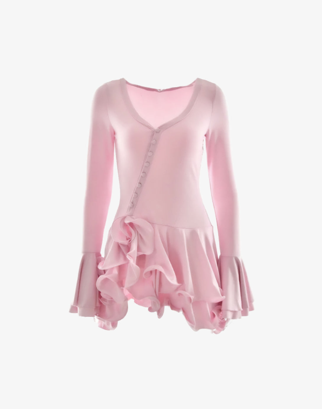Front view of a pink mini bodycon ruffle dress with a flattering V-neckline, long sleeves, and a ruffled hem, embodying feminine fashion.
