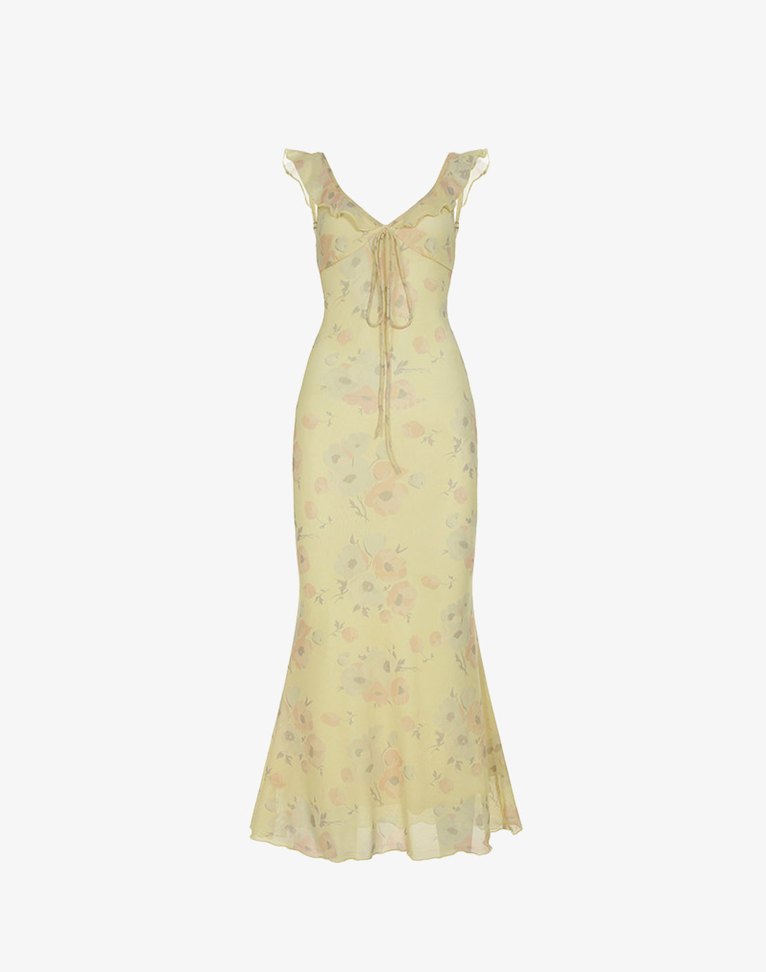 pale yellow floral cottagecore bodycon dress with ruffled straps and tie bust, front view