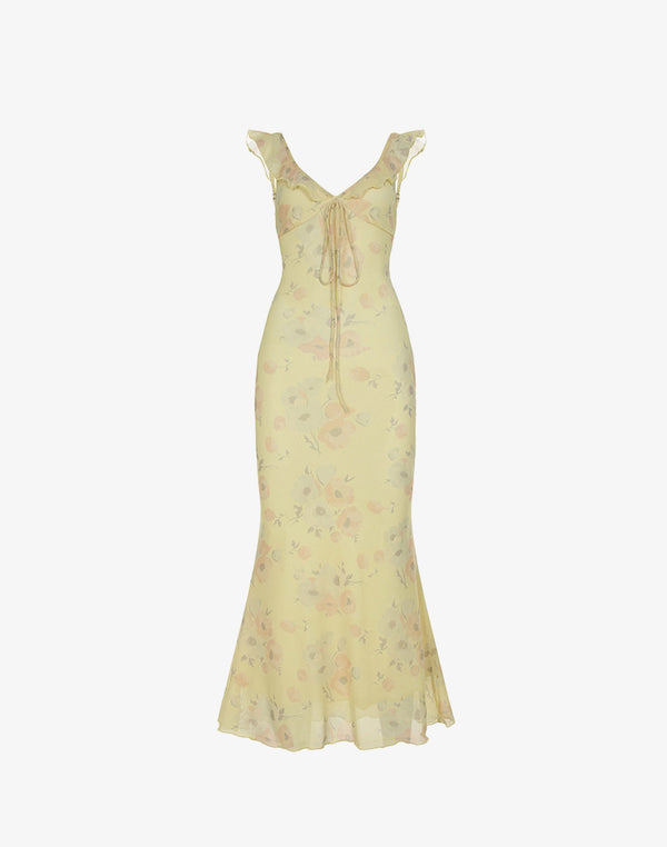 pale yellow floral cottagecore bodycon dress with ruffled straps and tie bust, front view