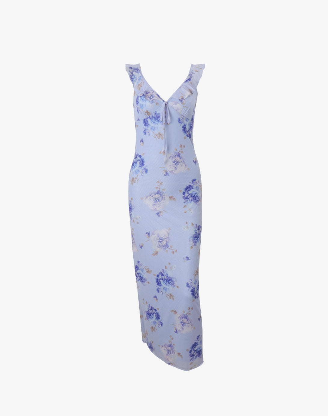 pastel blue floral maxi dress in bodycon fit with ruffle trim and tie detail, angled view