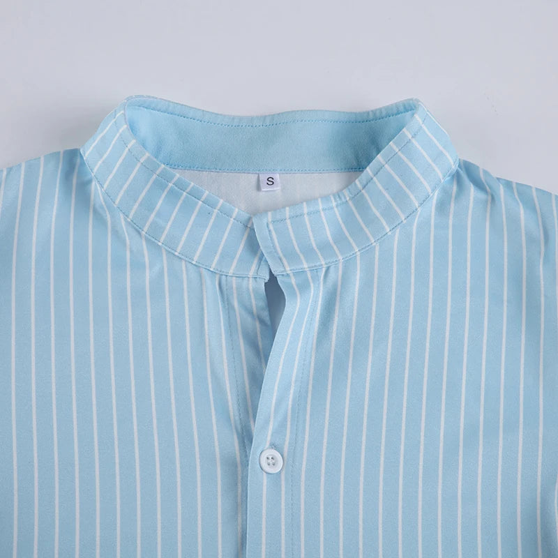 collared blue striped blouse with ruched detailing and clean button-up front