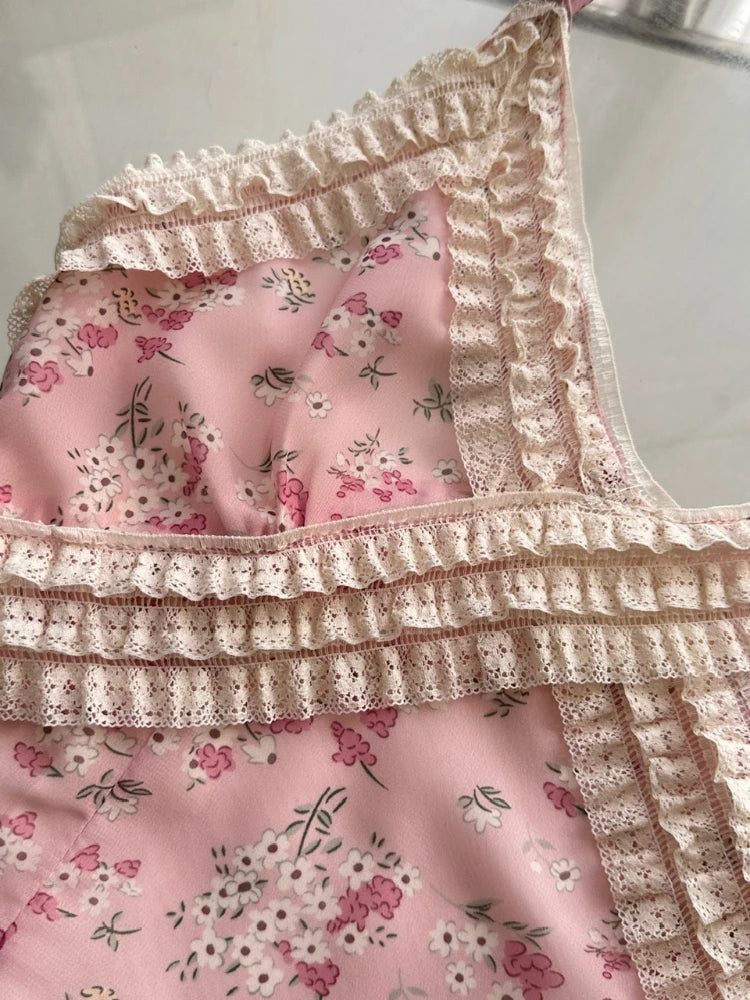 vintage cream lace ruffles on pink floral chiffon dress in coquette aesthetic style