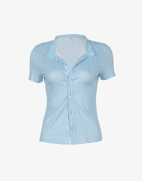 light blue fitted blouse with ruched front and vertical stripes for feminine fashion