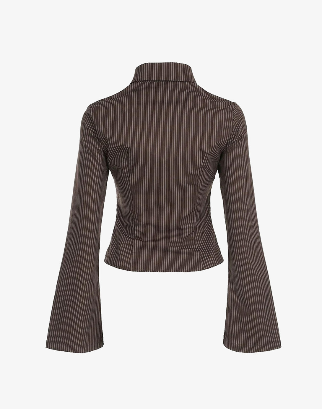 Back view of the pinstripe fitted blouse, highlighting the tailored fit and flared sleeves.