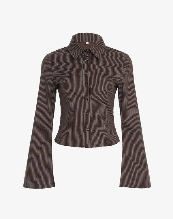Studio shot of a brown pinstripe fitted blouse with dramatic long flared bell sleeves.
