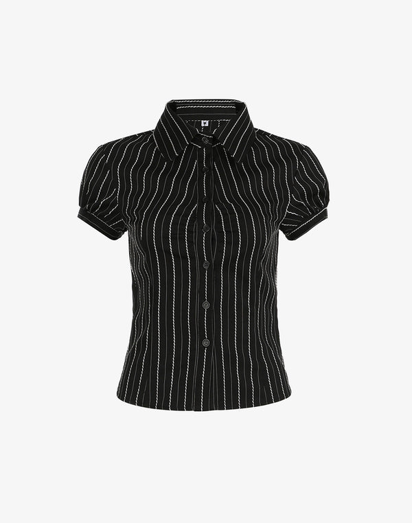 Studio shot of a ladies fitted pinstripe formal blouse with short puffed sleeves.